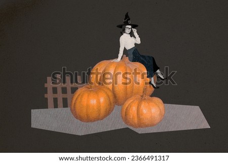 Creative image picture collage of elegant lady witch sitting large pumpkin on dark halloween midnight