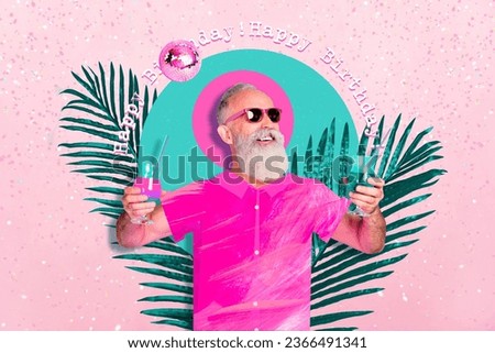 Image collage greeting card of positive man pensioner drink alco enjoy birthday anniversary isolated on pink color background
