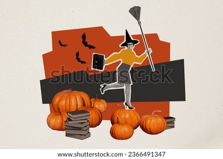Creative drawing collage picture of beautiful mature female back witch costume office employee happy halloween surrealism metaphor