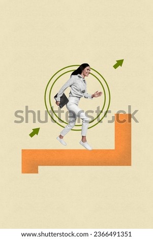Image collage artwork of professional worker office agent run to goal aim motivation progress concept isolated on drawing beige background