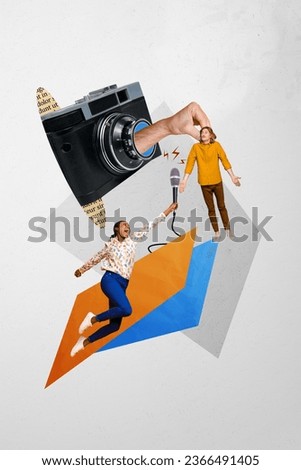 Creative 3d photo artwork collage of two funny people interview microphone ask famous actor shooting journalism isolated on gray background