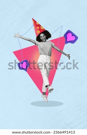 Vertical collage picture of excited black white colors girl wear cone hat receive like notification isolated on blue paper background
