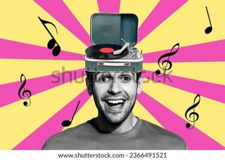 Collage picture of astonished black white colors guy mini vinyl record played inside head melody notes isolated on painted background
