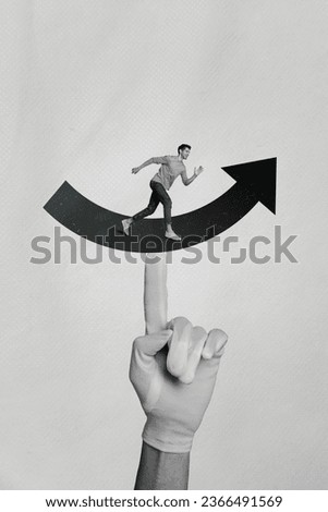 Vertical creative composite collage photo of finger directing at active positive man run on pointer goals isolated gray color background