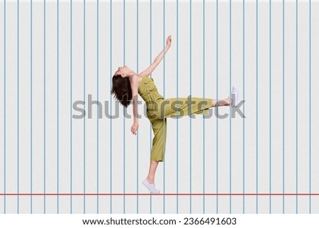 Collage picture of excited mini girl dancing behind between copybook page striped lines isolated on creative background