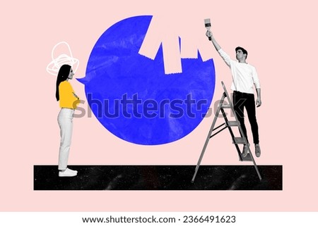 Young couple collage speaking funny woman her husband ignoring her talking paintbrush drawing textbox isolated on pink color background Royalty-Free Stock Photo #2366491623