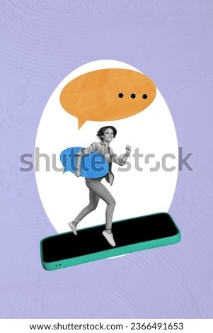 Picture funny image collage of running worker girl answer sms dialogue chatting phone display correspondence isolated on purple background