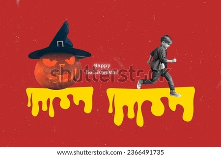 Creative drawing collage picture of running little boy pumpkin carved face smile witch costume happy halloween surrealism metaphor