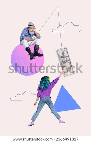Vertical collage picture joking businessman old investor try fishing rod catch talents small salary girl worker isolated on pink background