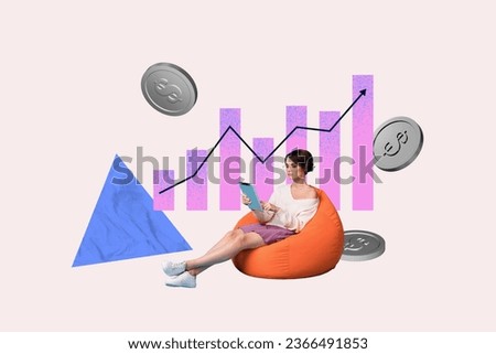 Photo collage of young business lady lying beanbag tablet analyzing crypto industry results graphic up isolated on white color background