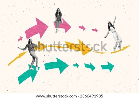 Creative drawing collage picture of three young energetic funny females arrows point way compete trader career worker employee