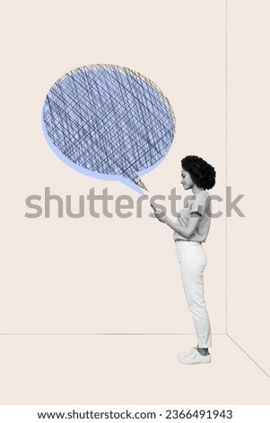 Vertical photo collage of young girl receive message facebook app copyspace textbox notification email isolated on grey square 3d background