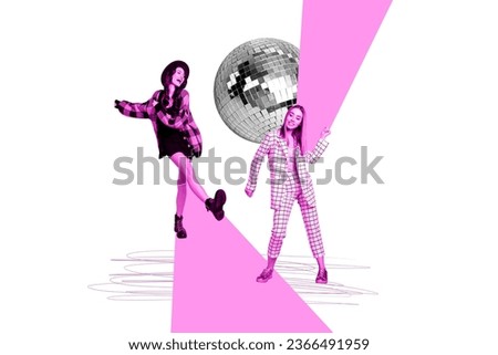 Picture collage image exclusive magazine of cheerful happy girl have fun dance night club isolated on painted background
