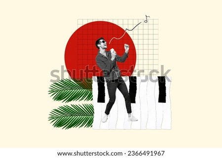 Picture collage image of funky happy guy have fun listen music sing song walk enjoy good mood isolated on drawing background