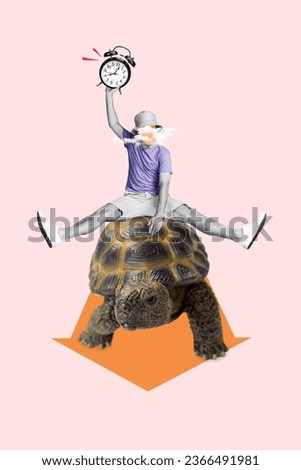 Vertical collage picture of mini black white faceless guy sit ride big turtle arm hold bell ring clock arrow pointer isolated on pink background
