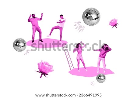 Banner collage picture image of energetic crazy people dancing freestyle hiphop enjoy weekend isolated on drawing background