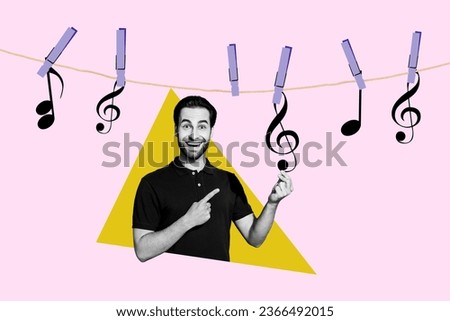 3d retro abstract creative artwork template collage of funny excited guy pointing finger hanging musical notes isolated pink color background