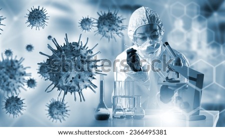 Virologist in laboratory. Human in chemical protective suit near microscope. Bacteria viruses fly in air. Woman studies pathogenic viruses. Virologist with glass flask. Bio laboratory employee. Royalty-Free Stock Photo #2366495381