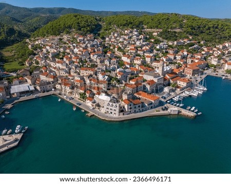 Aerial photo of Pucisca town on Brac Island, Croatia Royalty-Free Stock Photo #2366496171