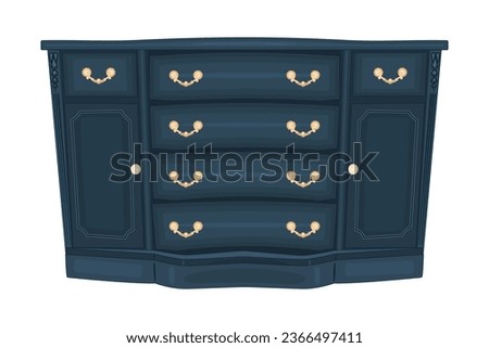 Chest of drawers on white background. Blue wooden commode with golden handles. Piece of bedroom furniture and home interior. Dresser or console table for bedroom and living room. Vector illustration Royalty-Free Stock Photo #2366497411