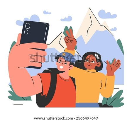Mountaineering. Mountain climbers with backpacks during nature adventure. People, friends with hiking equipment taking picture in snowy hills. Flat vector illustration