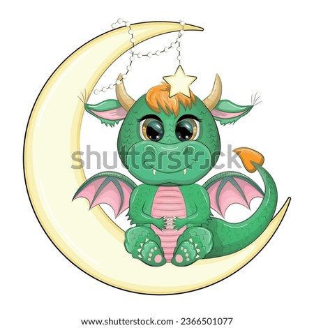 A cute cartoon green dragon sits on the moon. Year 2024 Chinese calendar