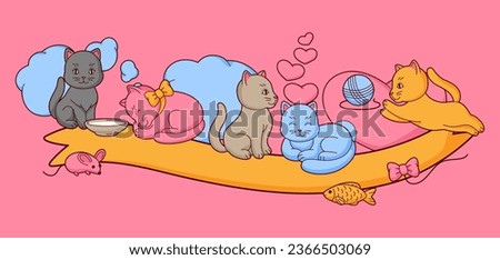 Background with cute kawaii cats. Fun animal illustration.