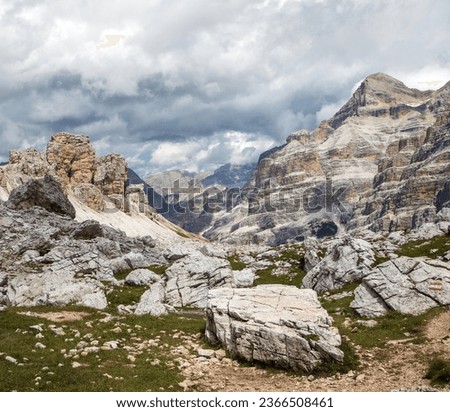 Valley Val Travenanzes and rock face in Tofane gruppe, Mount Tofana de Rozes, Alps Dolomites mountains, Fanes national park, Italy Royalty-Free Stock Photo #2366508461