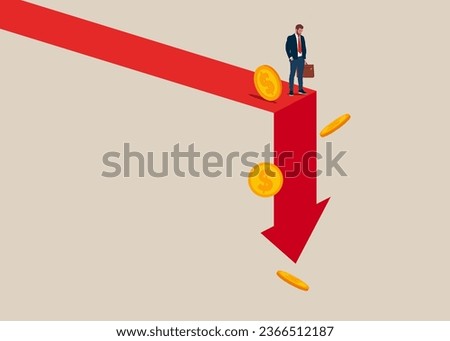Economy collapse. Financial instability and stock market crash. Investor falling from stack of unstable money. Vector illustration.