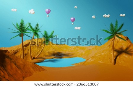 Oasis in sand and palm trees and lake with hot air balloon in landscape Composition ,3d illustration or 3d render