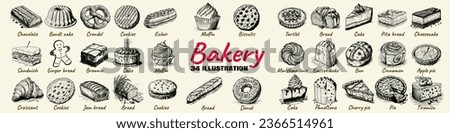 Sketch doodle bakery food. Hand drawn bread, sweet pastry and desserts for food packaging designs. Baked goods vector illustration set Royalty-Free Stock Photo #2366514961