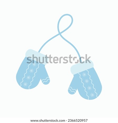 Blue knitted mittens with embroidered snowflakes, on a rope, isolated on a white background. Wool mittens. Vector illustration in flat style.