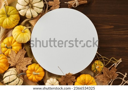 Embracing the autumn harvest. Top view flat lay of pumpkins, cozy blanket, maple leaves on wooden background with blank circle for promo or text