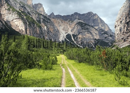 Valley Val Travenanzes and path way rock face in Tofane gruppe, Alps Dolomites mountains, Fanes national park, Italy Royalty-Free Stock Photo #2366536187
