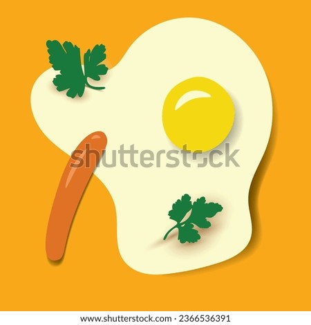 Vector illustration of scrambled eggs, sausage, parsley with paper cutout design on cheerful yellow background. Healthy breakfast.