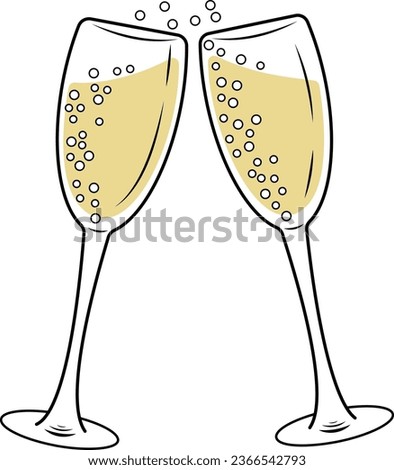 Merry Christmas and Happy New Year. Two sparkling glasses of champagne. Vector illustration of two design elements, eps 10