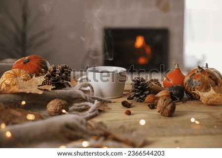 Cozy autumn. Warm cup of tea, pumpkins, autumn leaves, cones, cozy scarf and lights on rustic wooden table in farmhouse. Fall in rural home. Happy Thanksgiving. Fall hygge still life, banner Royalty-Free Stock Photo #2366544203