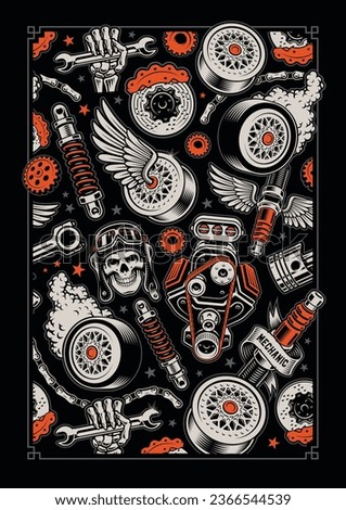 Hot Rod Graphic Print with skull and elements vintage car