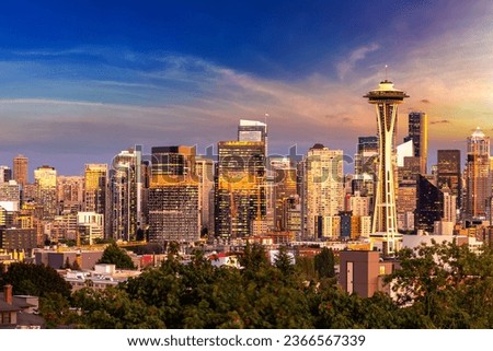 Panoramic view of Seattle cityscape at night, Washington, USA