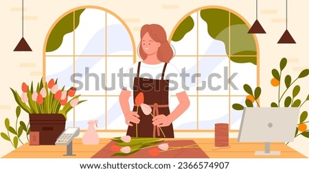 Florists shop vector illustration. Cartoon woman making bouquet from spring garden flowers with creativity, girl seller standing at table with tulips for vase, handicraft and floristry workshop Royalty-Free Stock Photo #2366574907