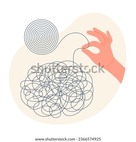 Chaos of mental problems, need for order and coachs help vector illustration. Cartoon hand holding tangled thread to untangle maze to circle with creative solution, psychotherapy session and training Royalty-Free Stock Photo #2366574925