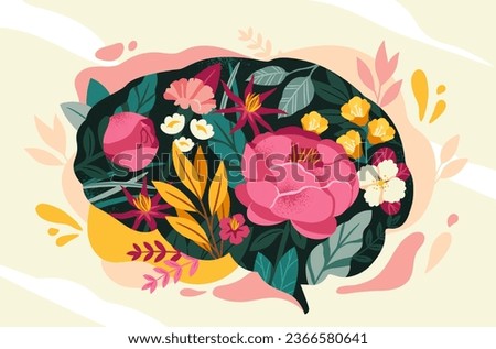 Brain with flowers. Silhouette of human brain with beautiful blooming plants. Mental health, well being and self care. Metaphor of harmony and psychological stability. Cartoon flat vector illustration
