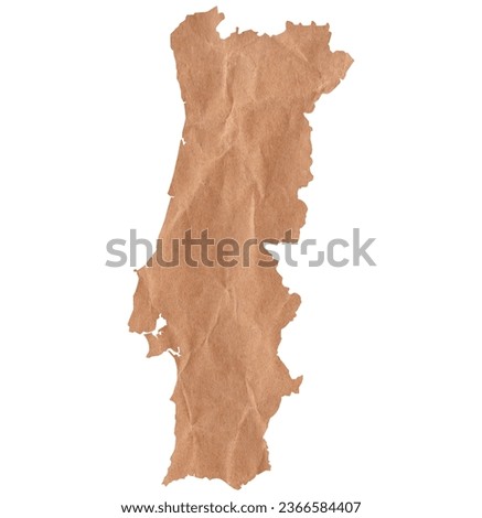 Map of Portugal made with crumpled kraft paper. Handmade map with recycled material