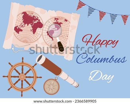 Happy Columbus Day. Symbols of a ship's journey are a compass, a map, a telescope, and a ship's rudder. Vector illustration on a blue background.