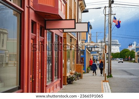 Vintage store signboards on Broadway in the old city center of Skagway, Alaska - Historic Frontier town in the Klondike Gold Rush National Historic Park