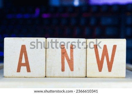 Photo of words with wooden block objects arranged into the word "ANW" in English