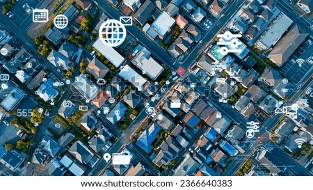Modern residential area and communication network. 5G. IoT (Internet of Things). Digital transformation. Royalty-Free Stock Photo #2366640383