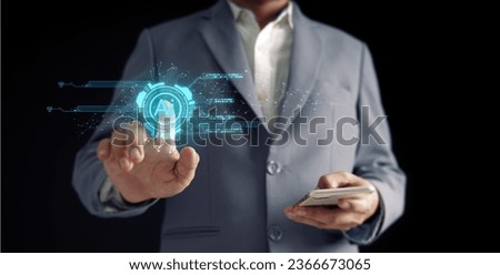 IT concept Businessman showing graphics like Chatgpt connecting the global internet with artificial intelligence AI, using commands to create future technological changes.