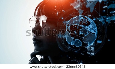 The silhouette of a thinking woman and digital data. A.I. artificial intelligence. Science technology. Royalty-Free Stock Photo #2366680543