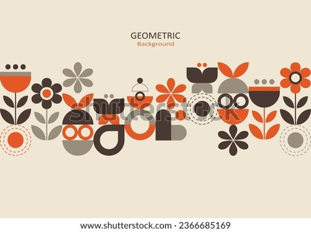 Abstract geometric background. Template design with the simple shape of circles and curves in gray brown, and orange on a beige background. Landing page design. Vector Illustration.